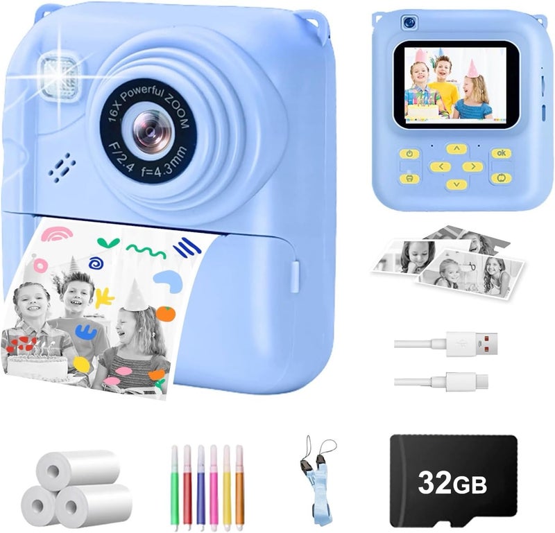 QDH Instant Print Camera for Kids, 1080P Video Camera with 3 Print Rolls, 32GB Card & Cute Cover, Gift for Girls Boys Age 3-12, Toddler Digital Camera with Games, Filters, Music – Blue - Image 1